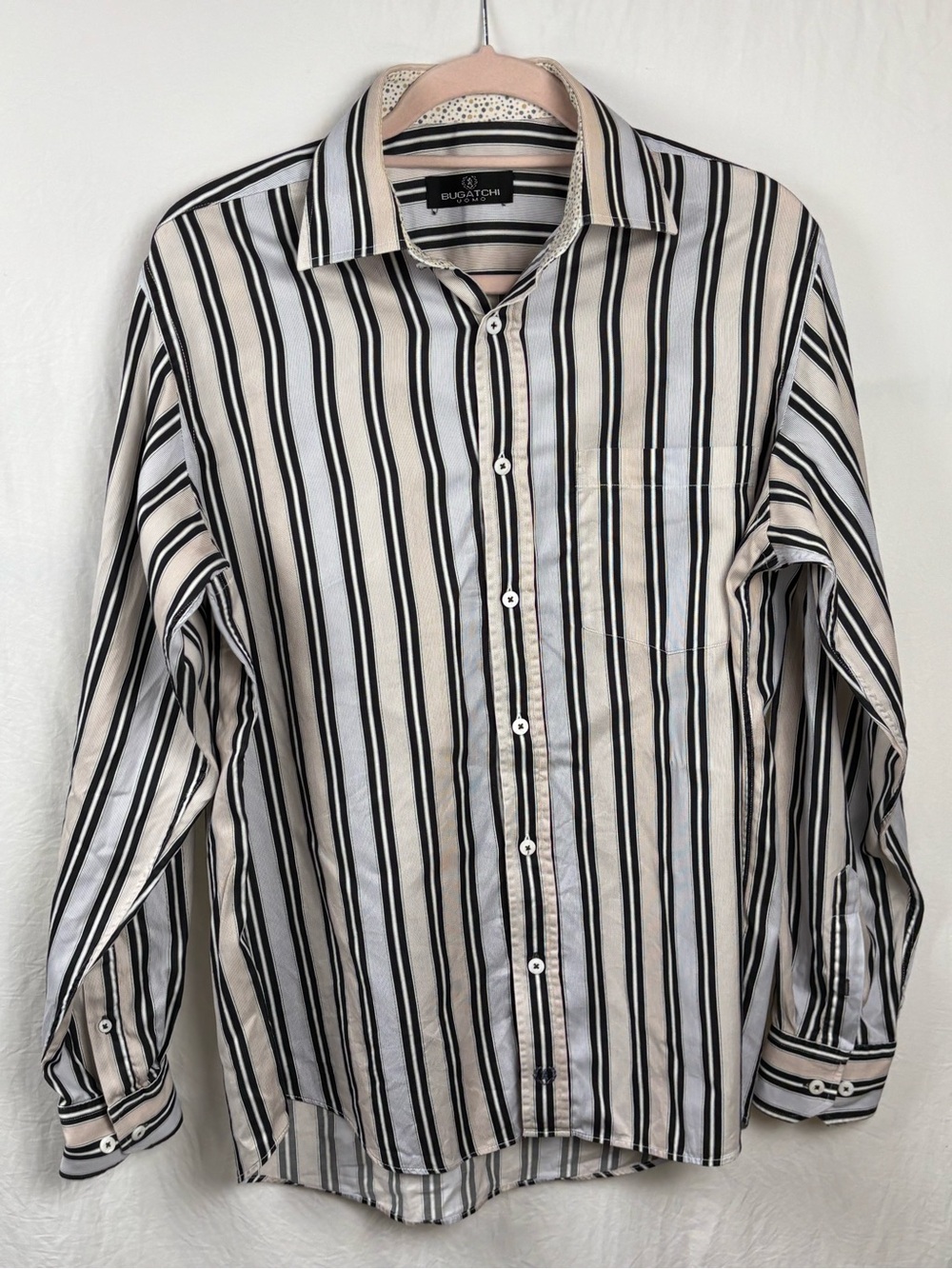 Bugatchi Men’s Medium Beige, Black and White Vertical Stripe Dress Shirt